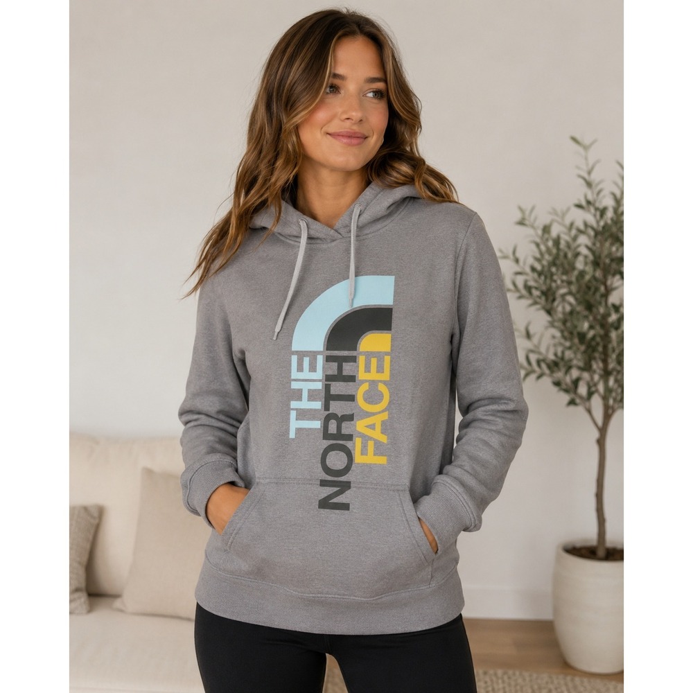 The North Face Hoodie Womens XL Gray Multi Color Vertical Logo Hoodie gorpcore